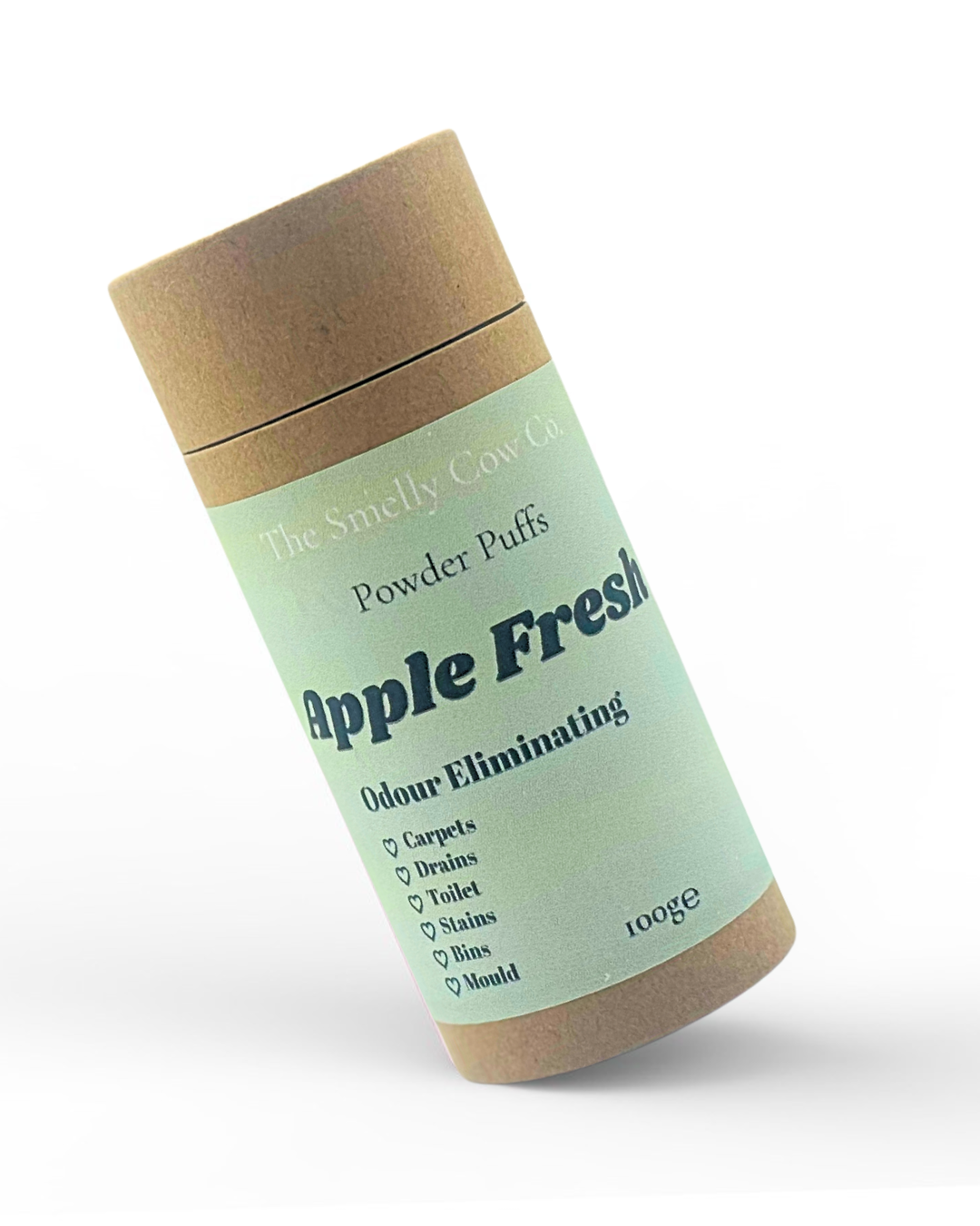 a brown craft cardboard tube with a sifter top and lid. A pastel green label promoting a 6in1 multi-purpose powder cleaner, scented in apple fresh.