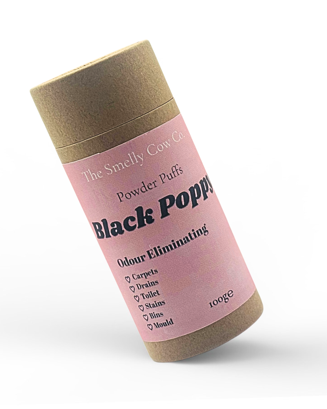 a brown craft cardboard tube with a sifter top and lid. A pastel pink label promoting a 6in1 multi-purpose powder cleaner, scented in black poppy, which is a dupe of black opium.