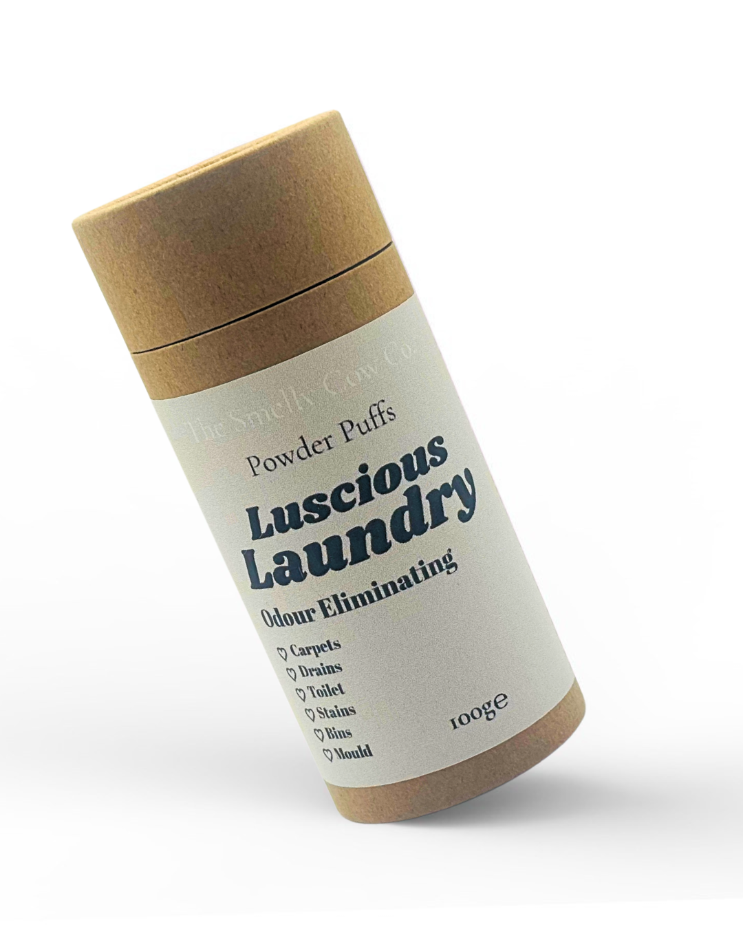 a brown craft cardboard tube with a sifter top and lid. An off white label promoting a 6in1 multi-purpose powder cleaner, scented in luscious laundry.