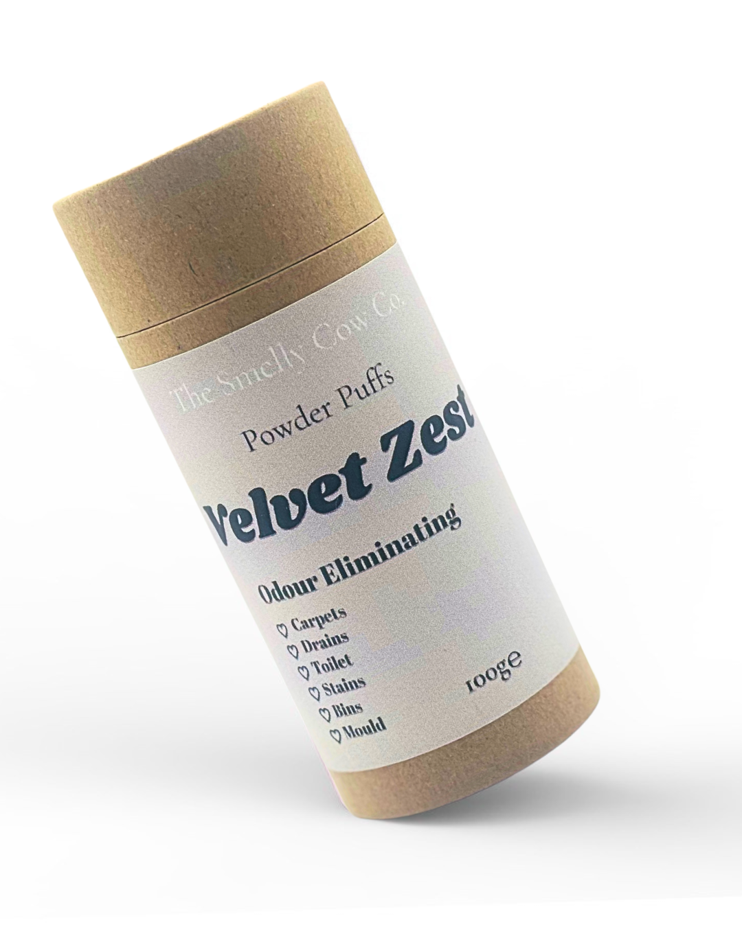 a brown craft cardboard tube with sifter top and lid. An off white label promoting 6in1 multi-purpose powder cleaner, scented in velvet zest.