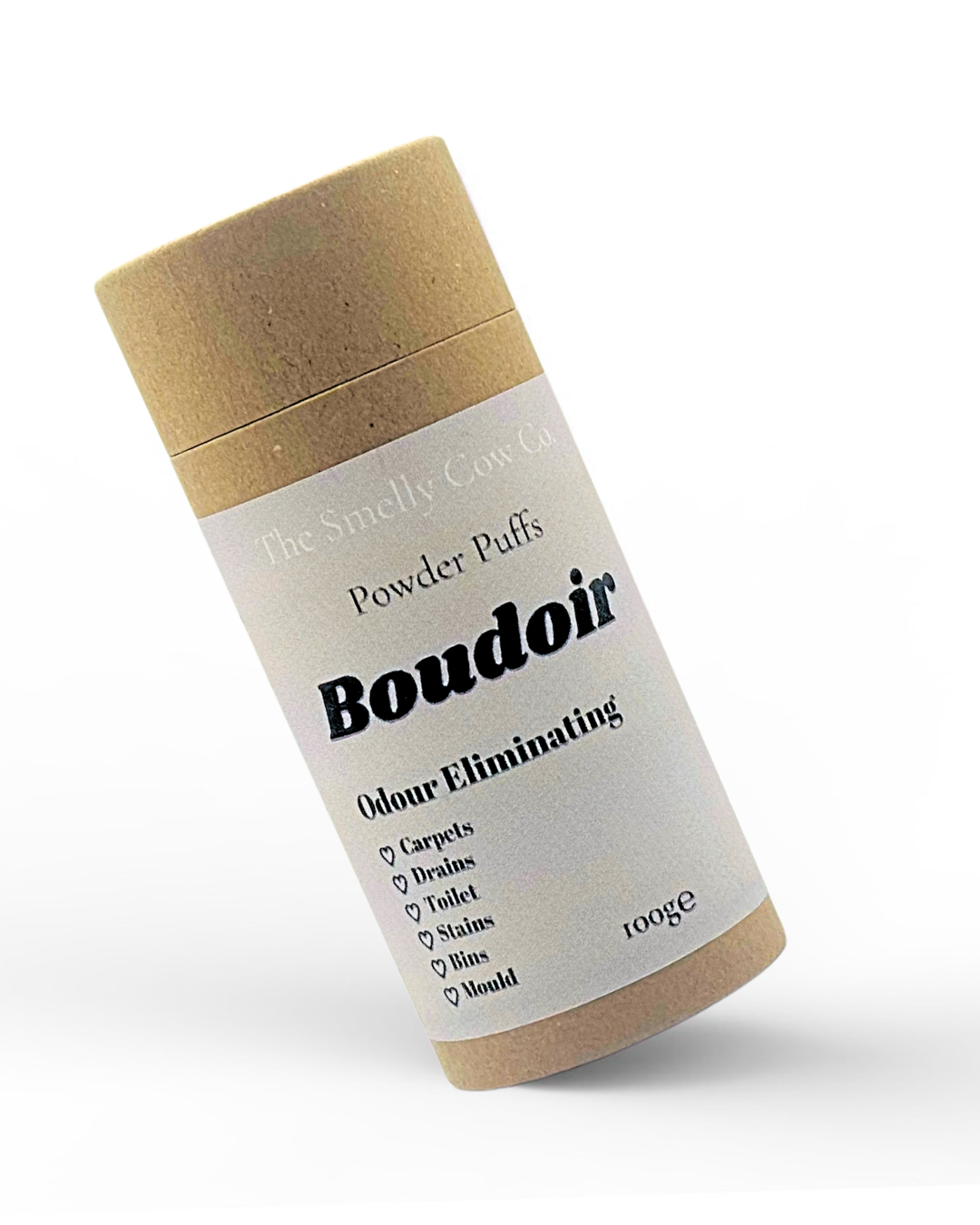 a brown craft cardboard tube with a sifter top and lid. A light grey label promoting a 6in1 multi-purpose powder cleaner.