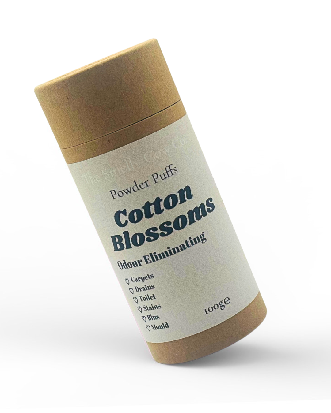 a brown craft cardboard tube with a sifter top and lid. An off white label promoting a 6in1 multi-purpose powder cleaner, scented in cotton blossoms.