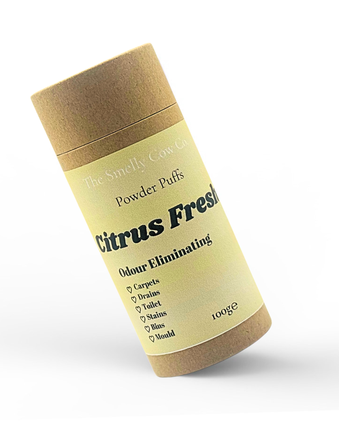 a brown craft carboard tube with a sifter top and lid. A pastel yellow label promoting a 6in1 multi-purpose powder cleaner.