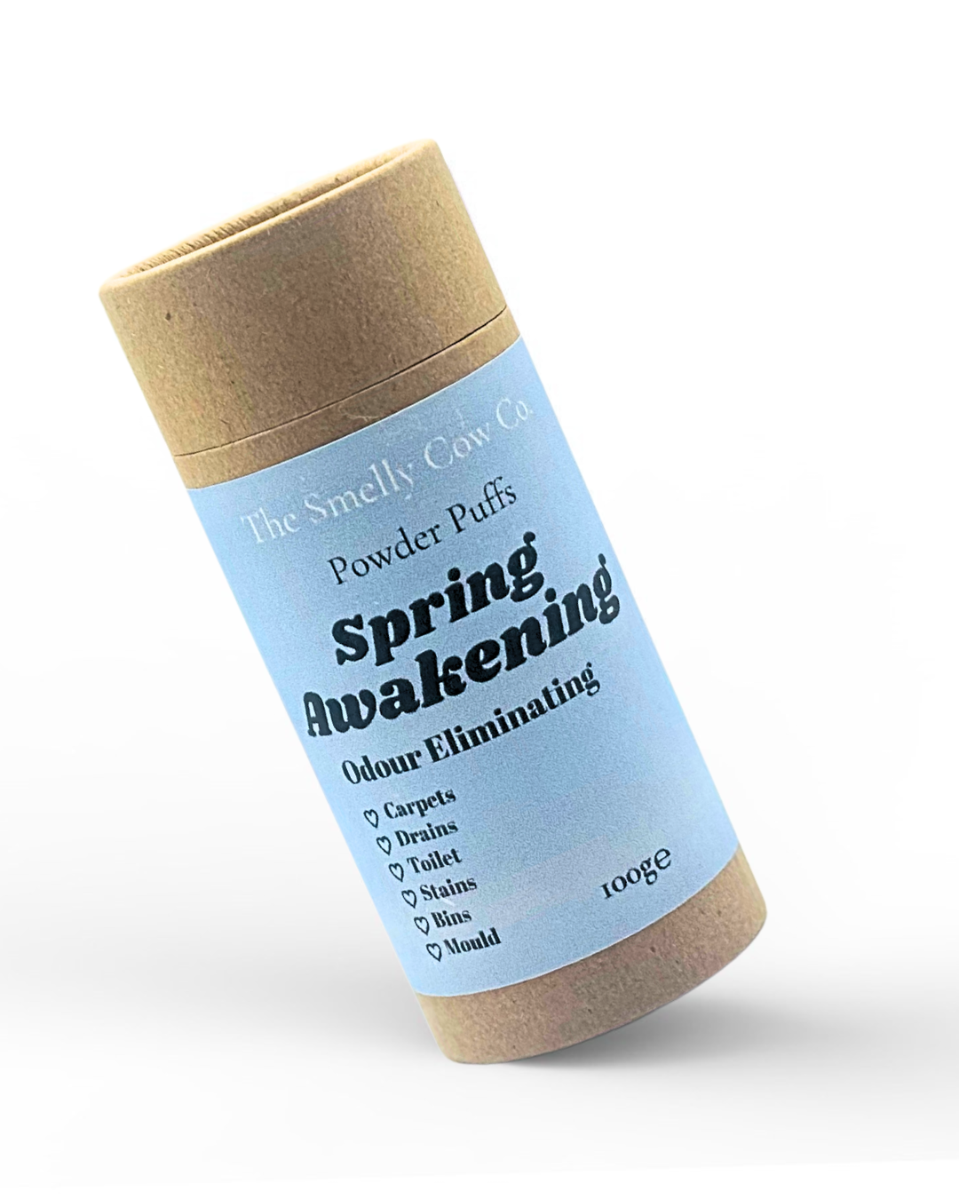 a brown craft cardboard tube with a sifter top and lid.  A pastel blue label promoting a 6in1 multi-purpose powder cleaner, scented in spring awakening.